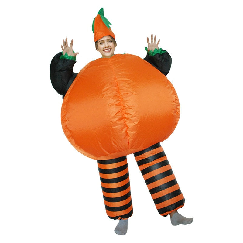 Inflatable pumpkin costume with orange belly, striped legs, black arms, green-trim hat