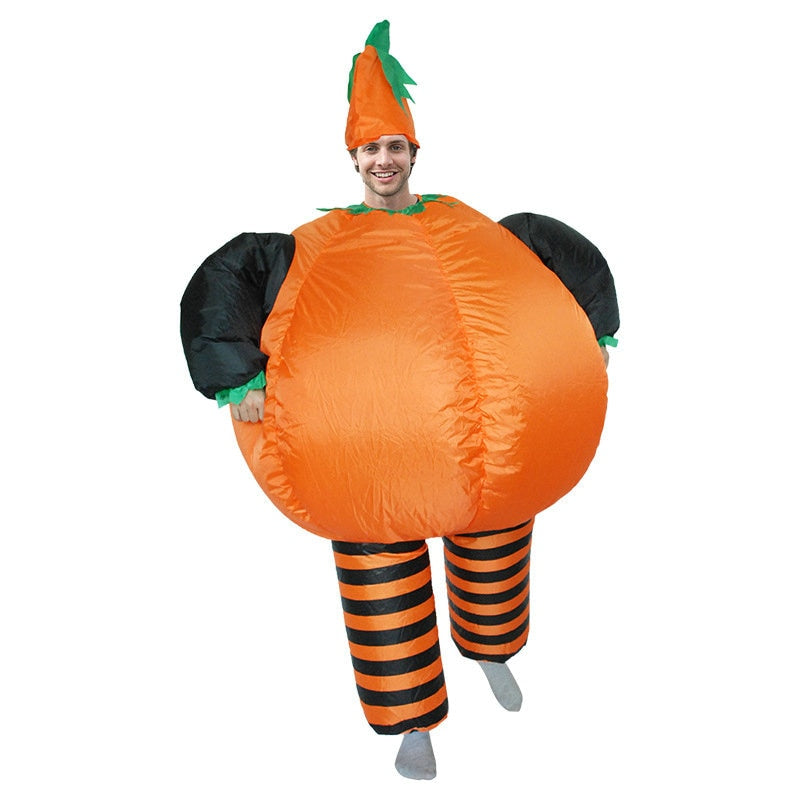 Inflatable pumpkin costume front view with orange belly, striped legs, black arm sleeves