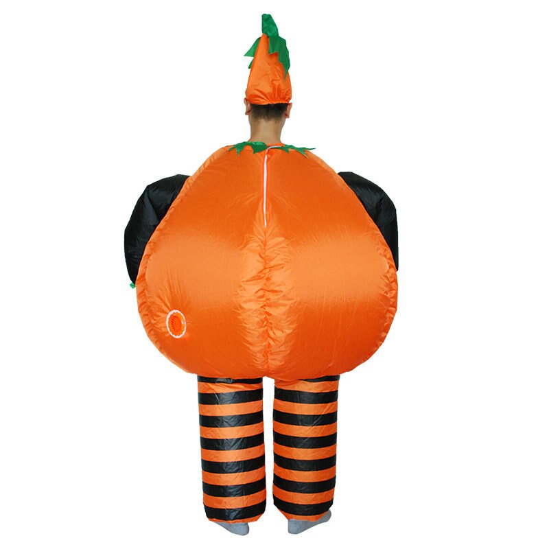 Inflatable pumpkin costume back view with orange belly and striped pant legs