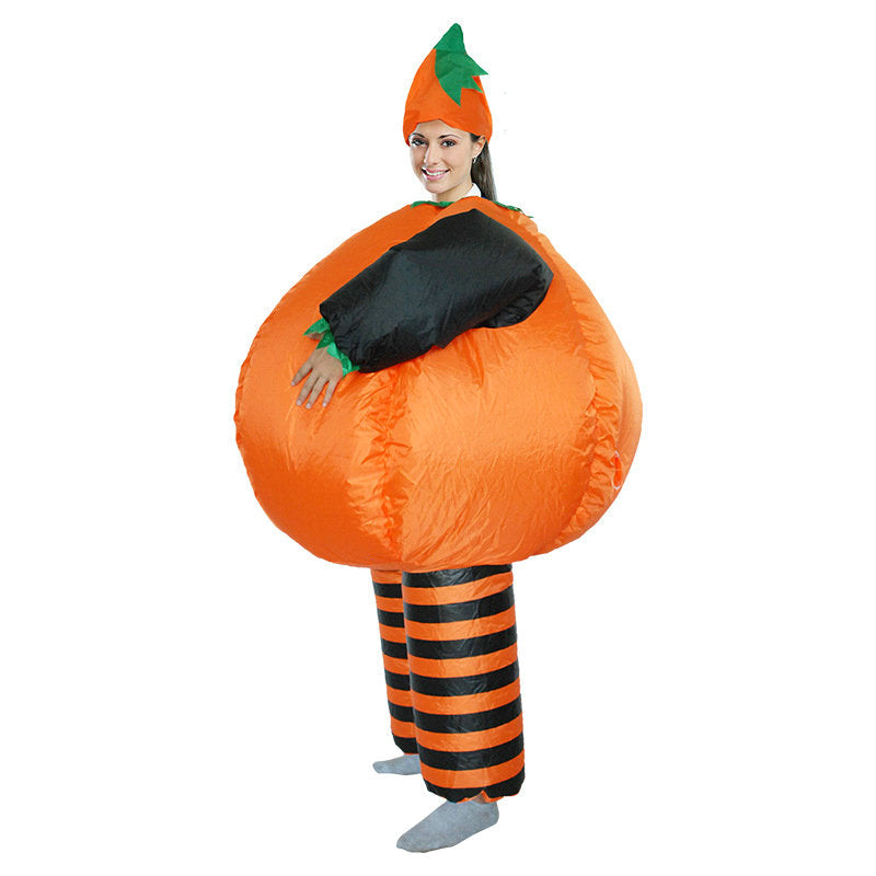 Inflatable pumpkin costume side view: orange belly, striped legs, black arm sleeves