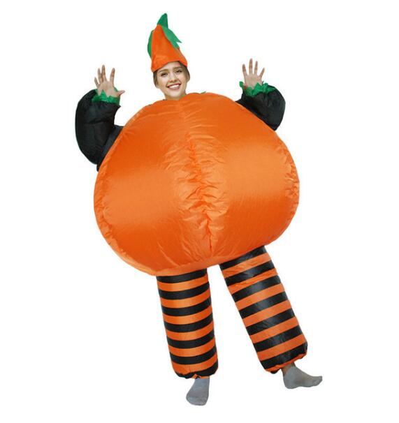 Inflatable pumpkin costume with orange belly, striped legs, green-trimmed hat, black gloves