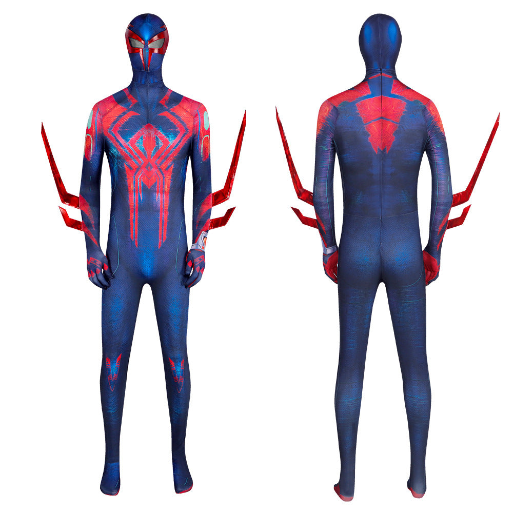 Spider-Man 2099 jumpsuit costume with red-blue mask, full-body print, and spiked shoulder panels