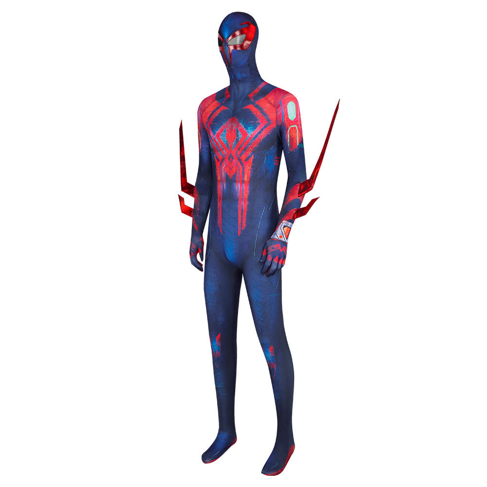 Spider-Man 2099 full-body bodysuit with red-blue mask, chest web print, and spiked shoulder accents