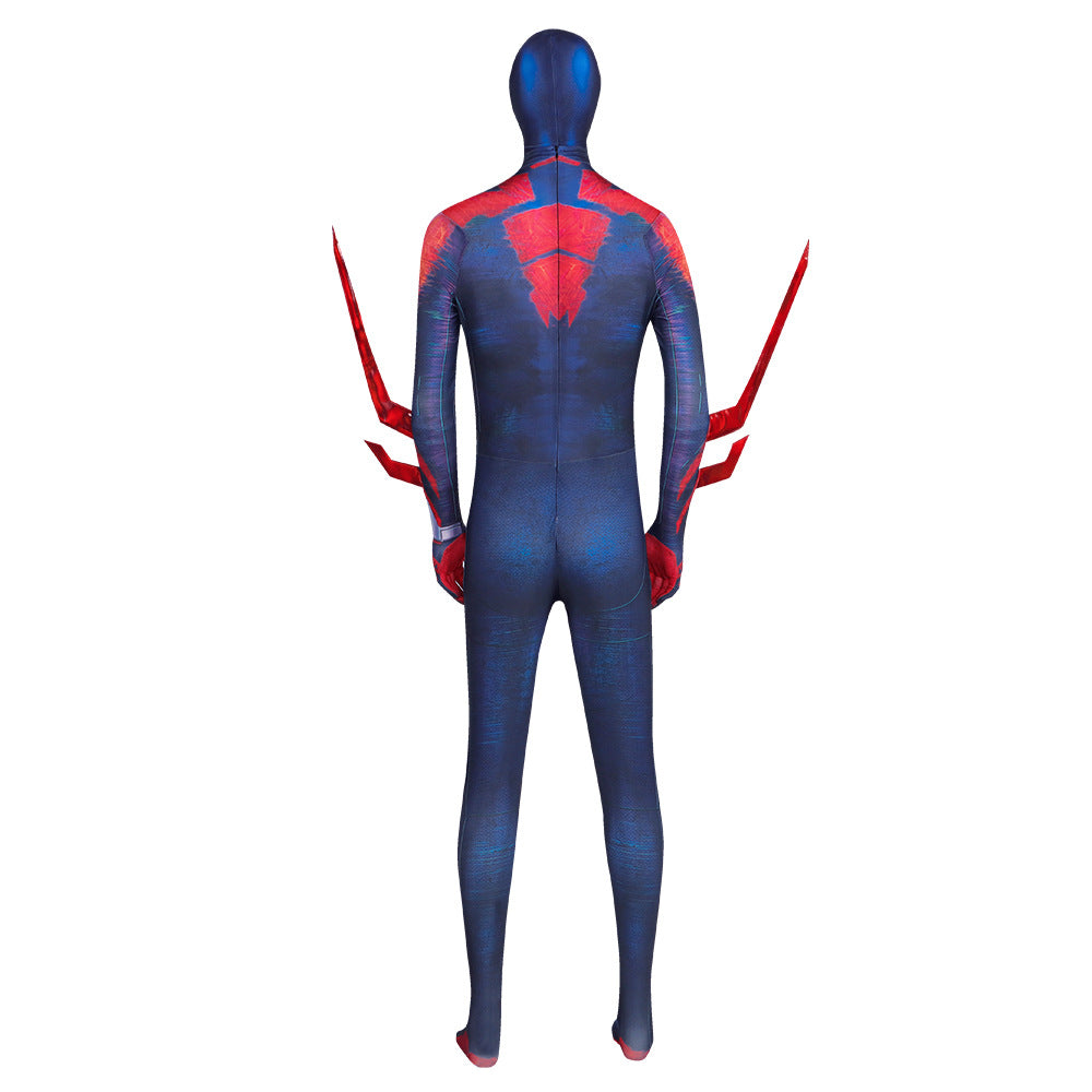 Spider-Man 2099 back view jumpsuit with red-blue spider emblem and spiked shoulder panels