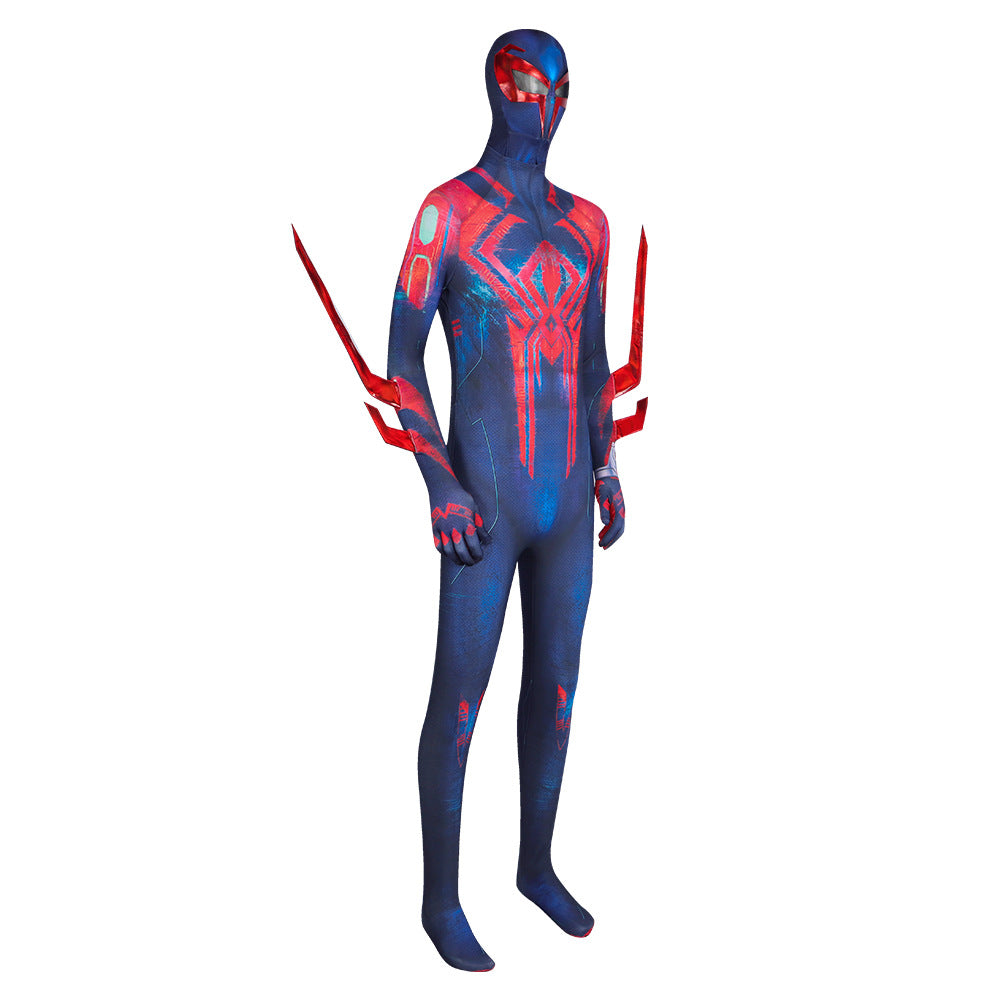 Spider-Man 2099 front jumpsuit with red-blue chest emblem, mask headgear, and spiked shoulder wings