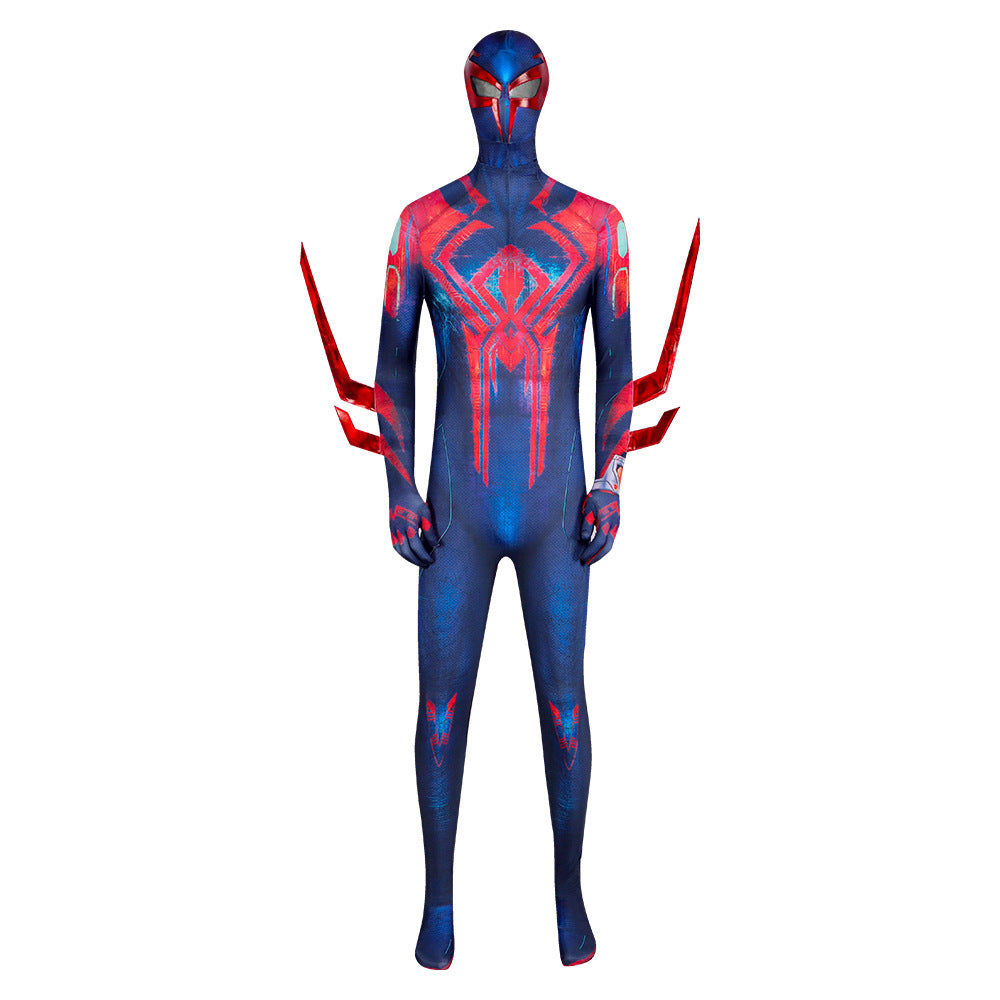Spider-Man 2099 front bodysuit with red-blue patterned fabric, mask headgear, and clawed shoulder panels