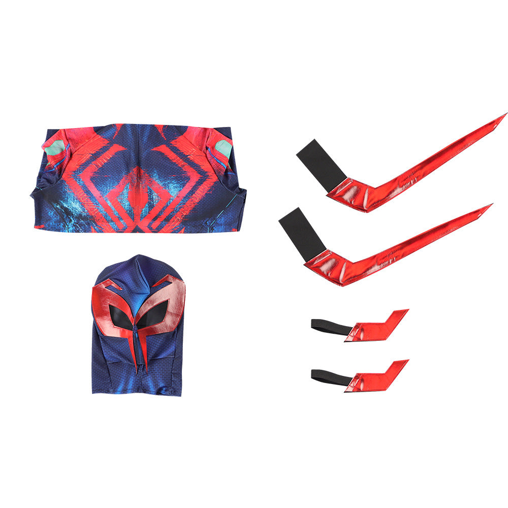 Spider-Man 2099 cosplay set pieces: mask, torso panel, and red-blue shoulder/arm accessories