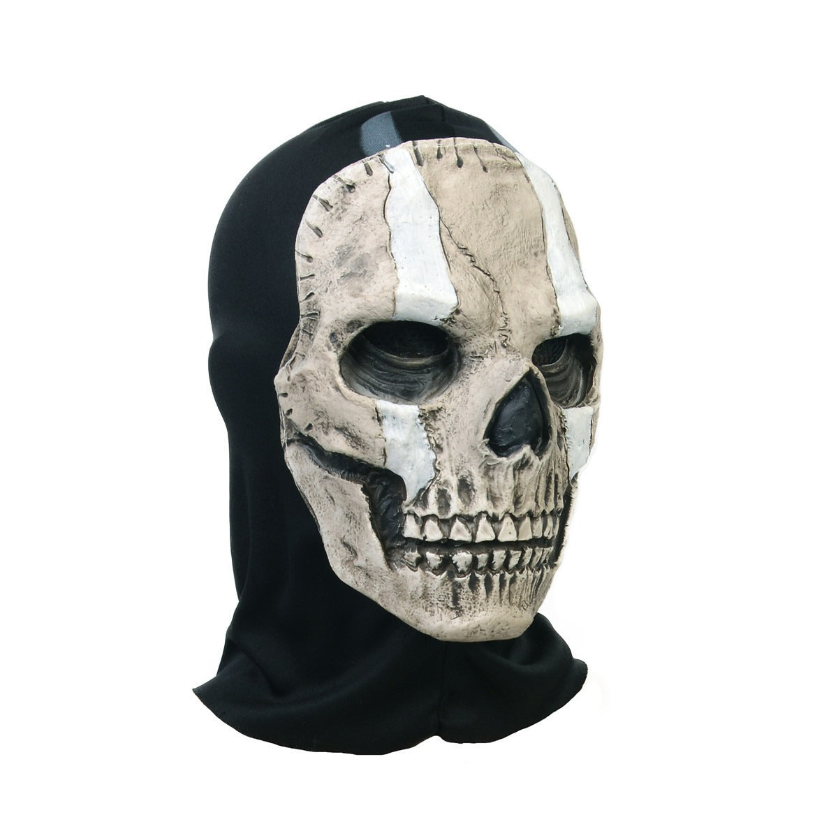 Black and white skull face mask with hood, eye and teeth cutouts