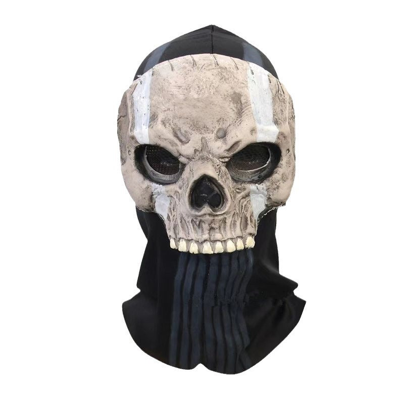Skull face mask with black hood, detailed painted skull pattern and mouth opening