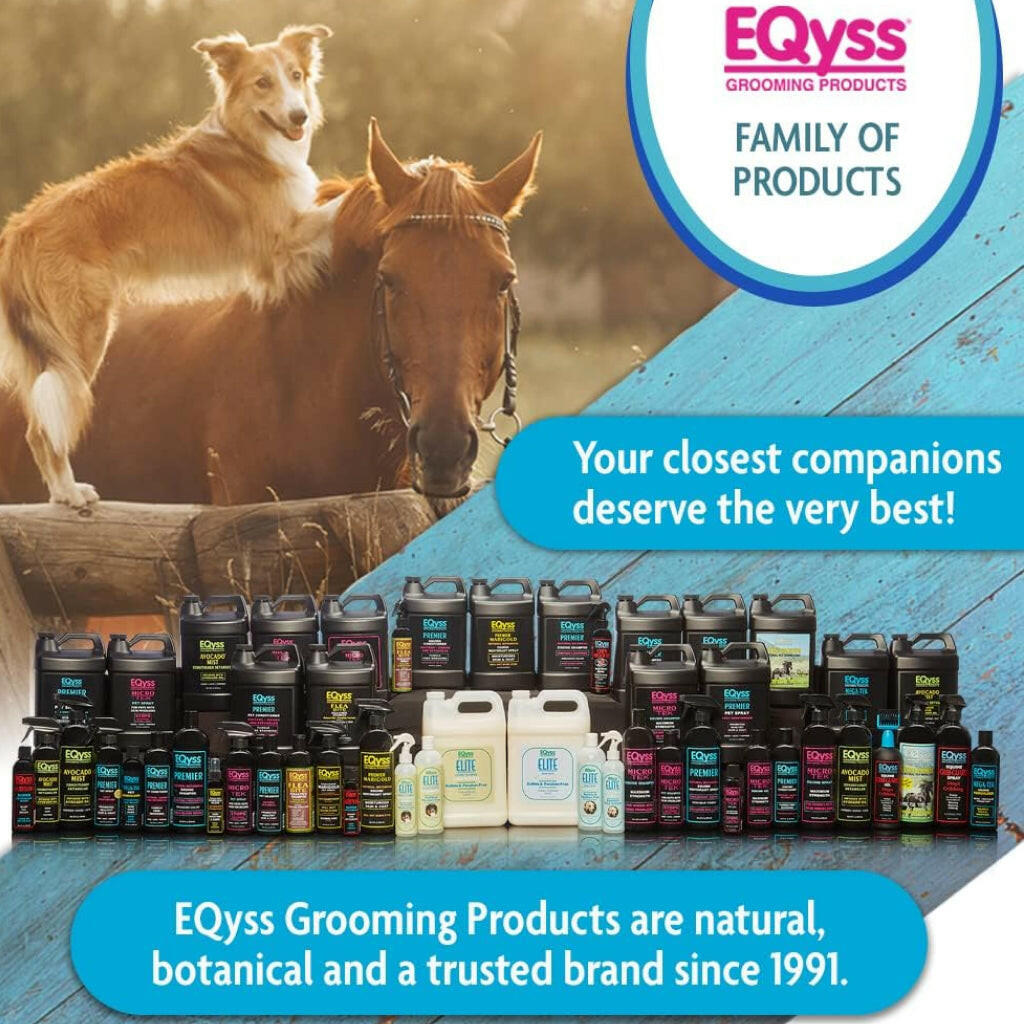 Assorted grooming product bottles displayed with horses and brand badge