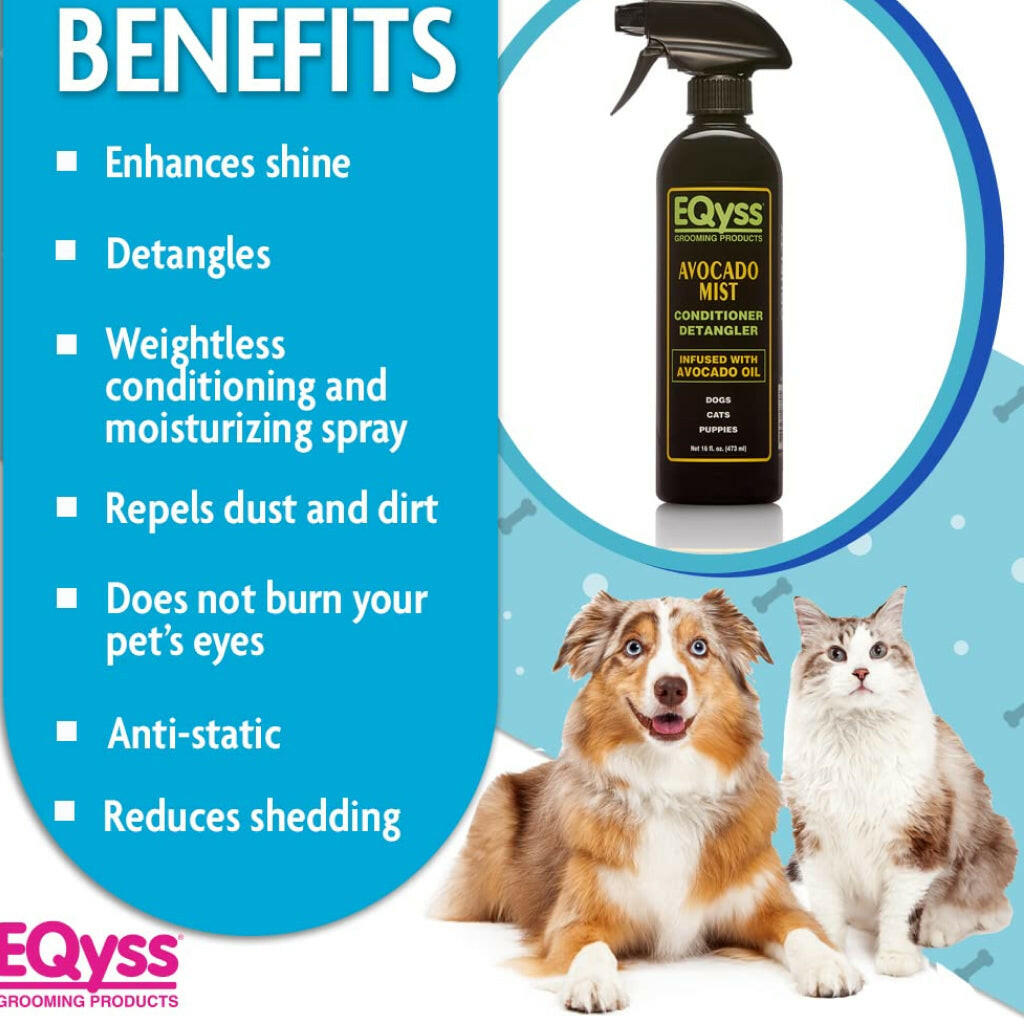 Avocado mist conditioner detangler spray bottle with two pets on a benefits graphic