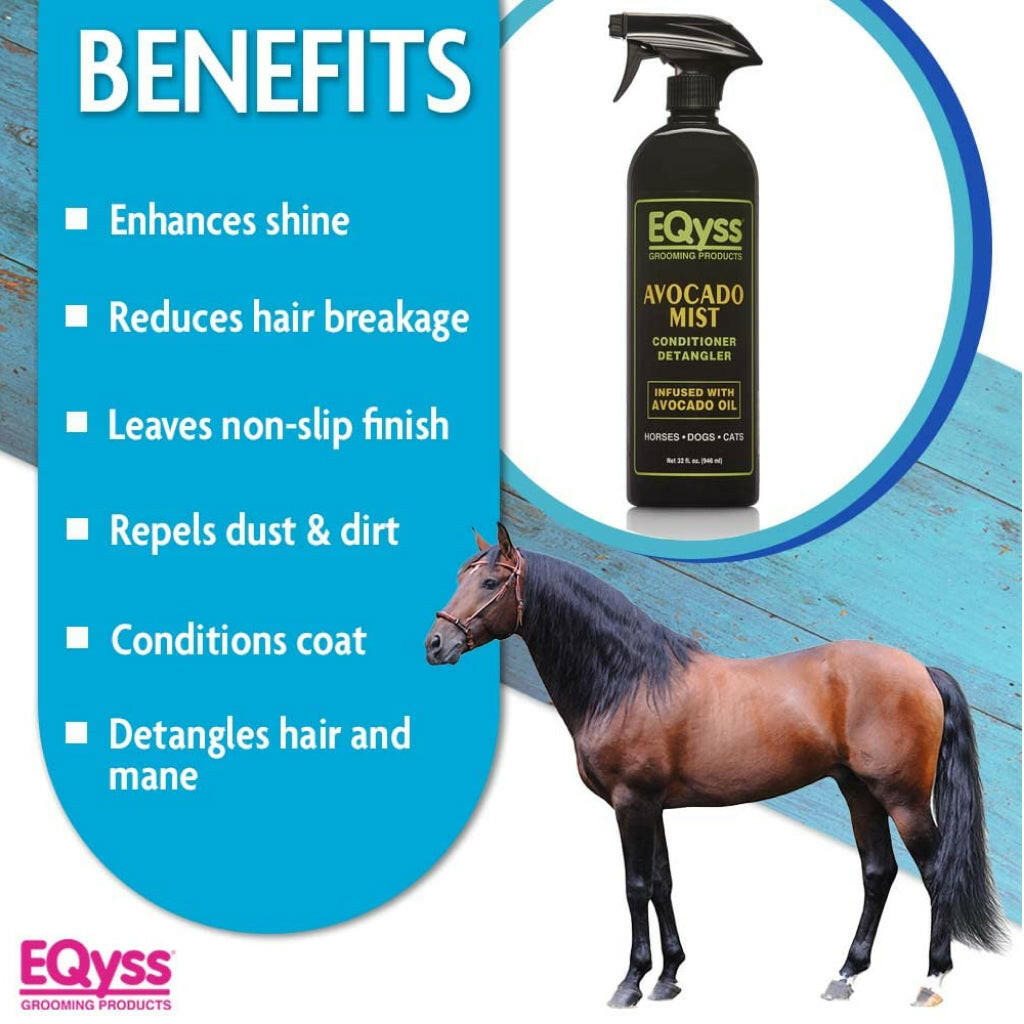 Avocado mist conditioner detangler spray bottle shown with a horse on a promo card