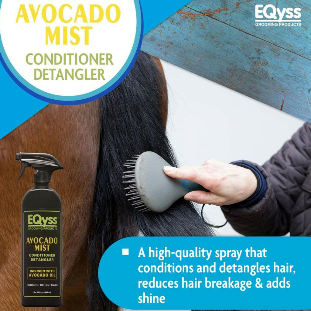 Avocado mist conditioner detangler spray bottle held near a pet being brushed