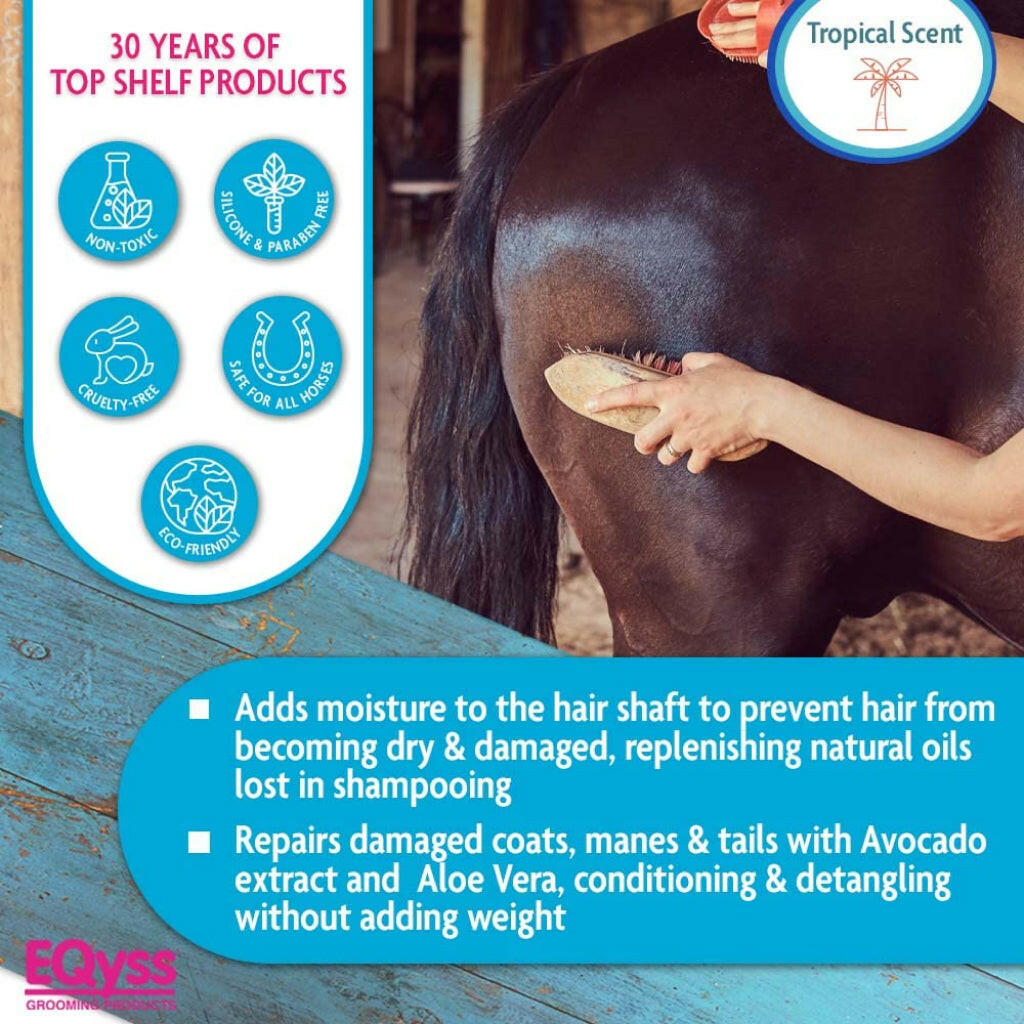 Avocado mist conditioner detangler spray bottle on an infographic with a horse