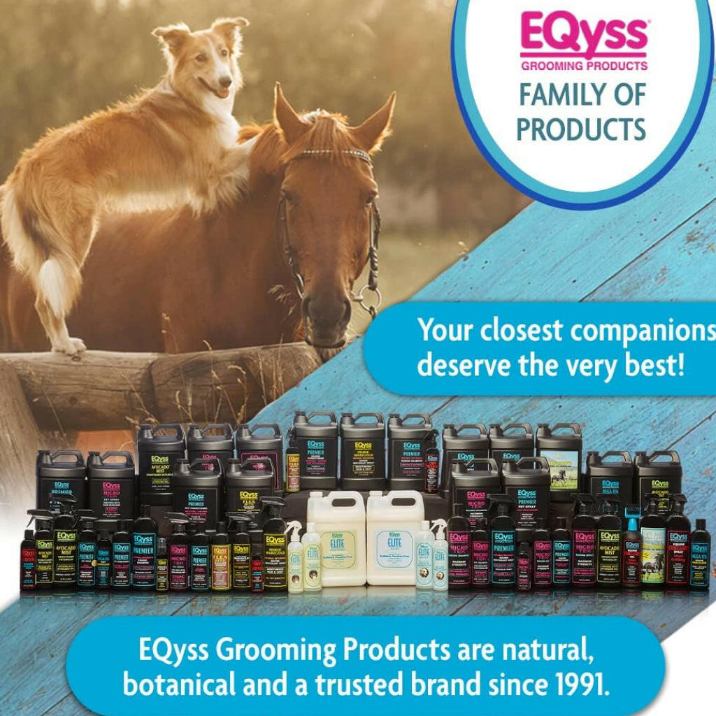 EQyss grooming products lineup featuring Premier Marigold spray bottles on display