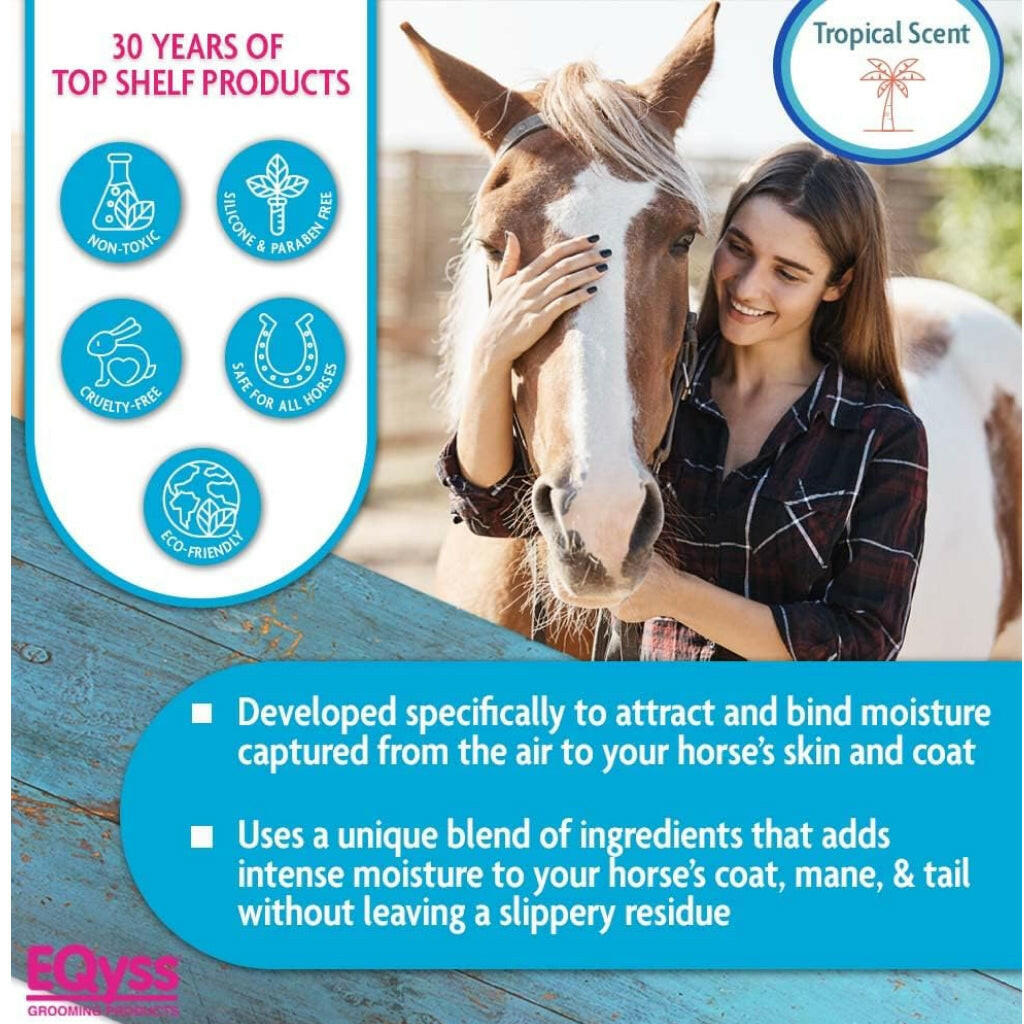 Equine coat conditioning spray with horse, icon badges and tropical scent label