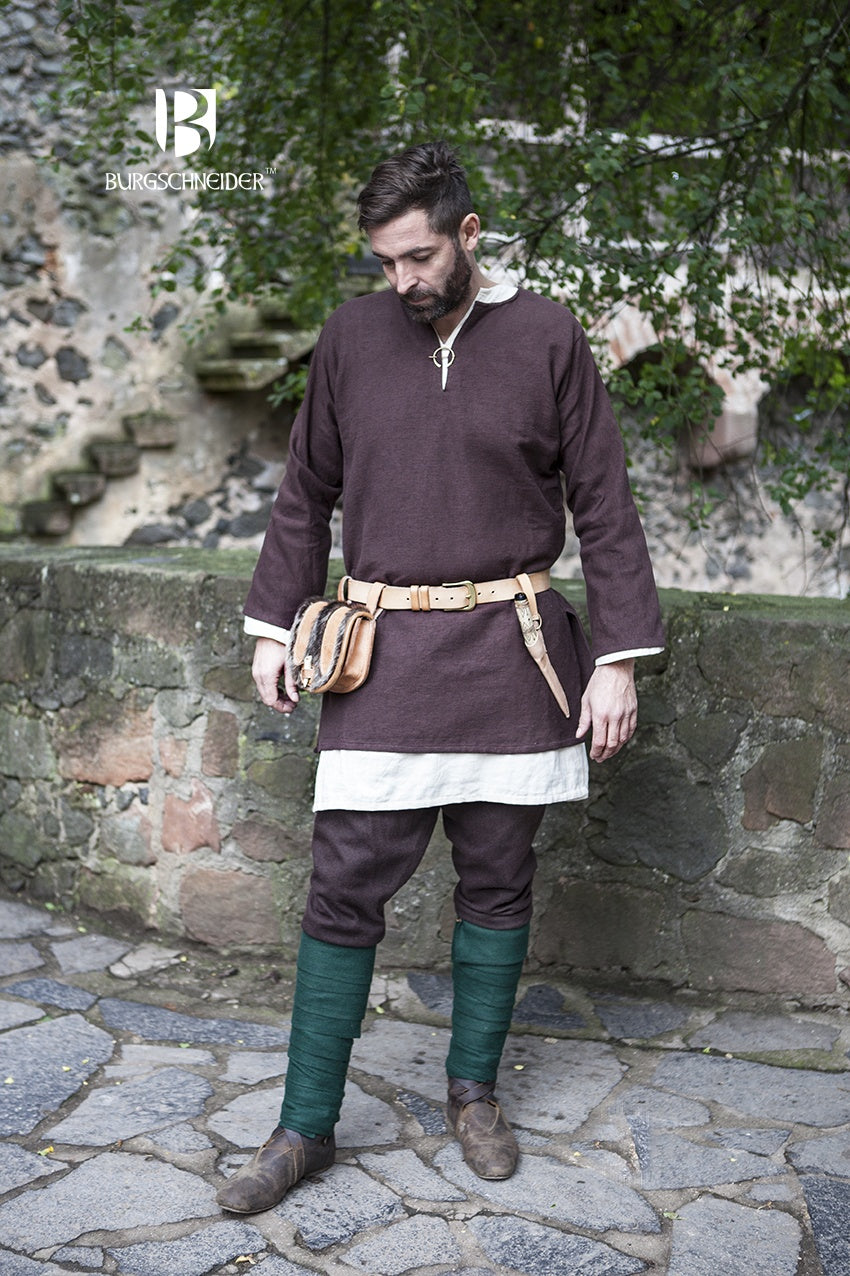 Dark brown short tunic with long sleeves, V-neck tie, layered hem, and belt straps