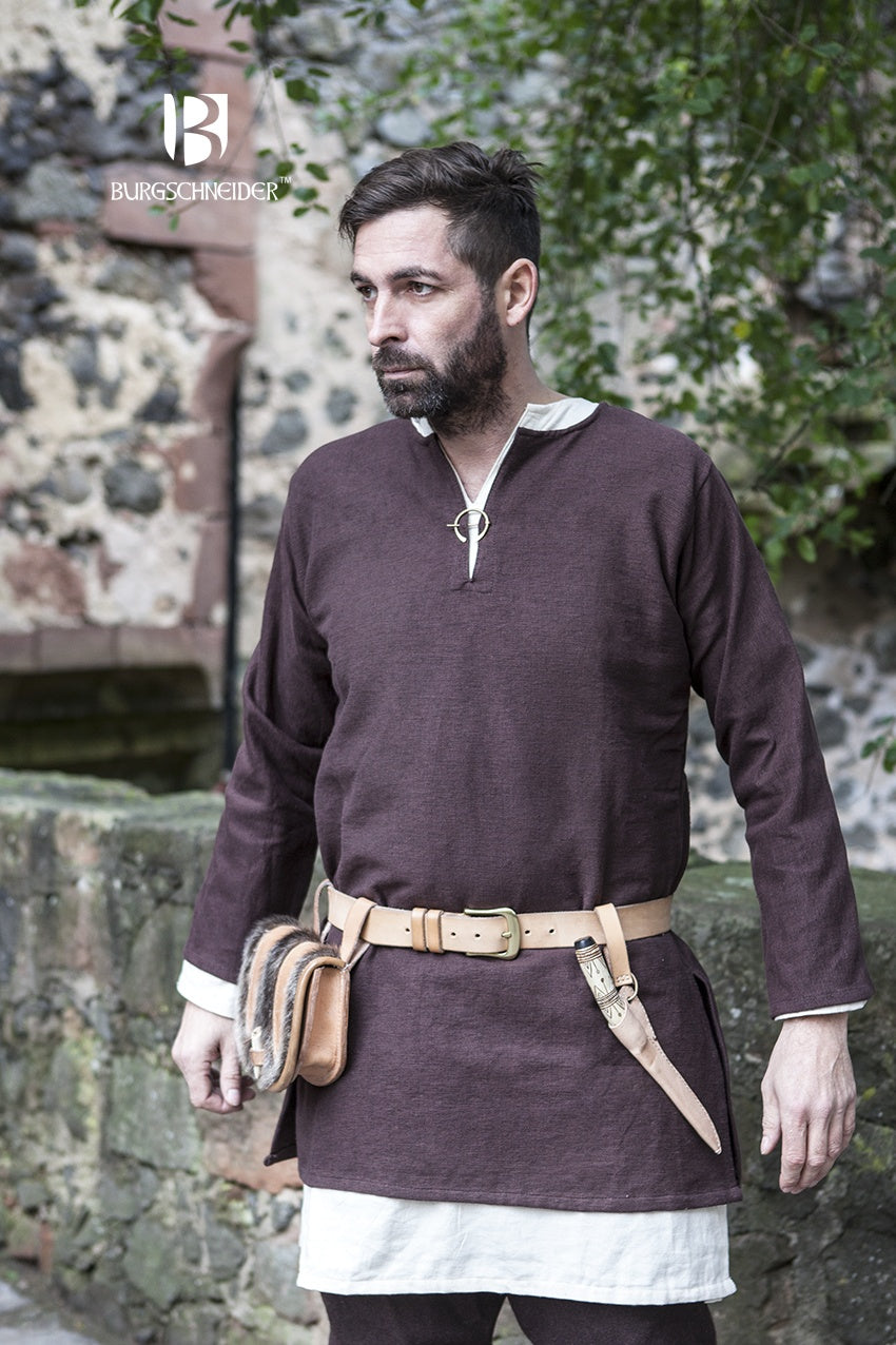 Dark brown short tunic with long sleeves, V-neck tie, and leather belt with pouches