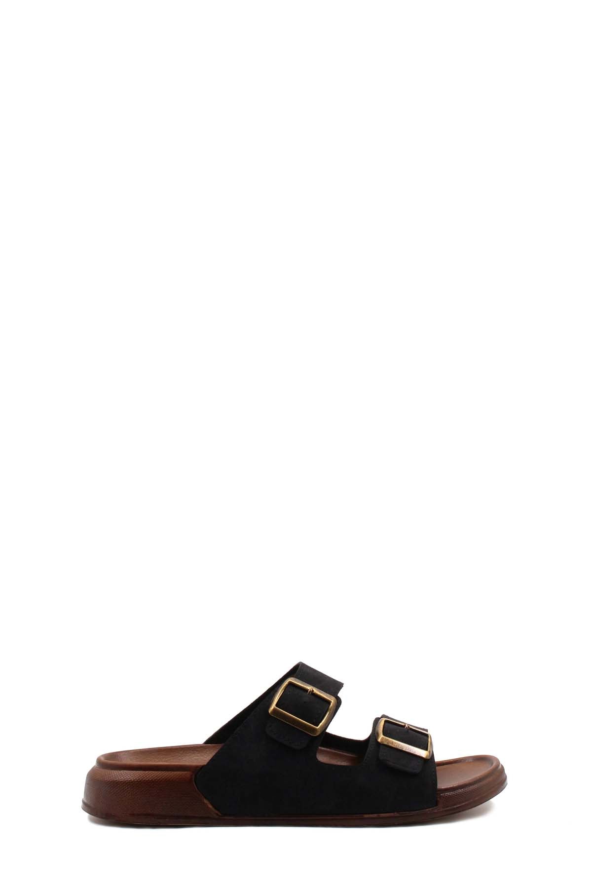 Black double-buckle slide sandals with two metal buckles and brown footbed