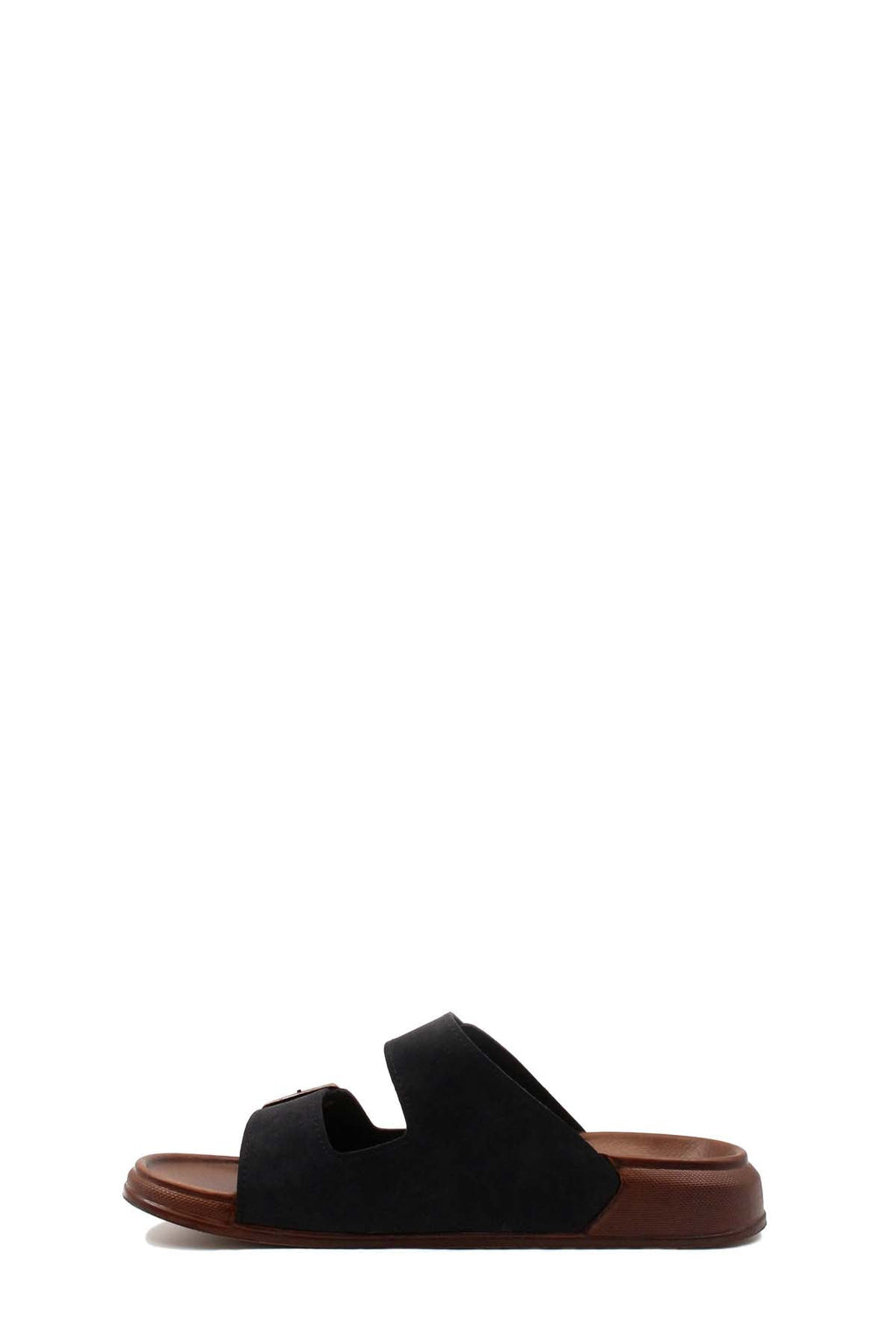 Black double-buckle slide sandals with two metal buckles and brown sole