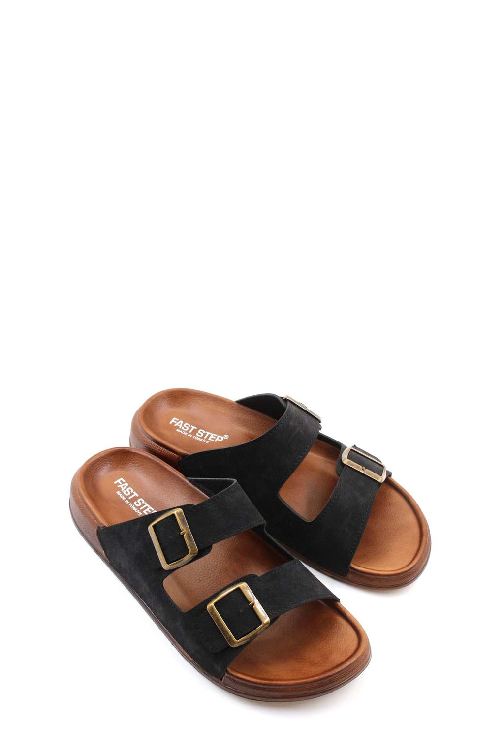 Black double-buckle slide sandals with printed insole and brown footbed