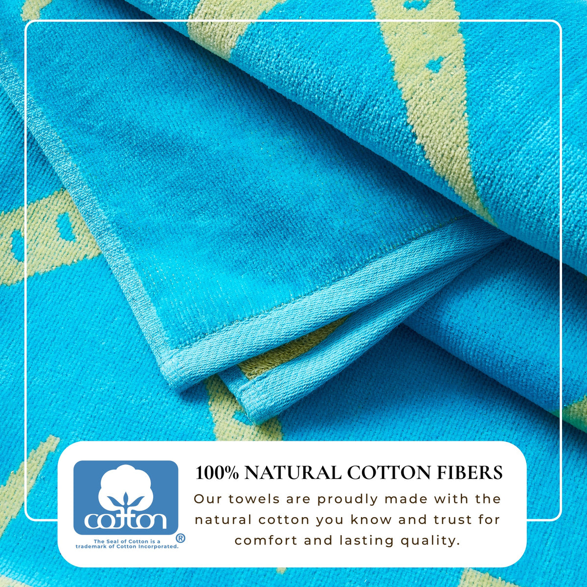Blue cotton velour towel close-up showing starfish design and folded layers