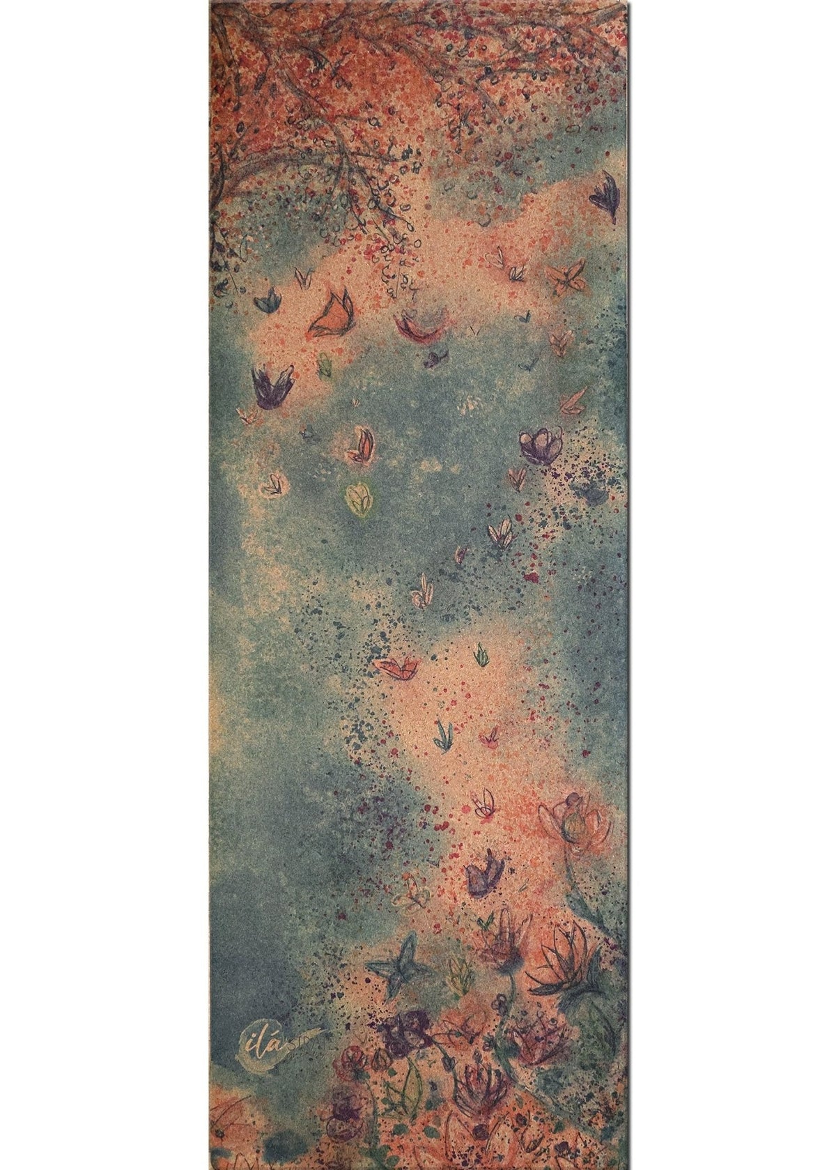 Full-length cork travel yoga mat with floral artwork and a signature near one end