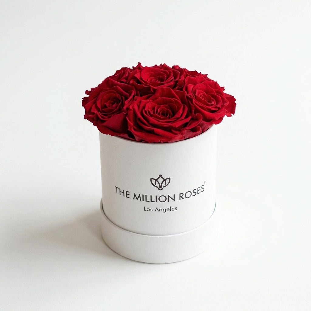 White cylindrical gift box with red roses on top