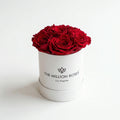White cylindrical gift box with red roses on top
