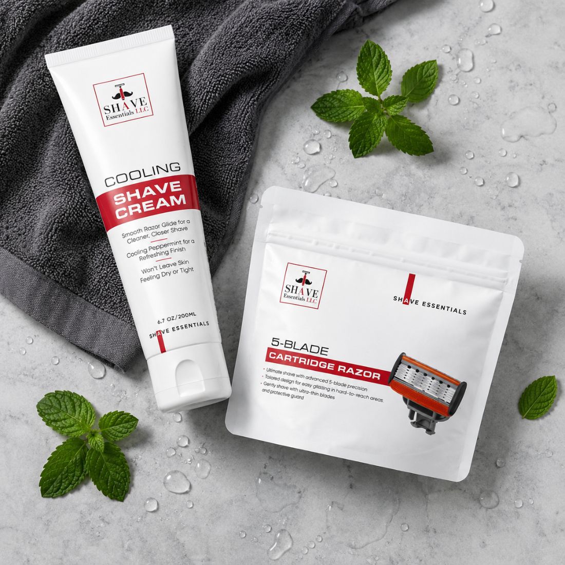 Cooling shave cream tube and 5-blade cartridge razor pouch on gray towel.