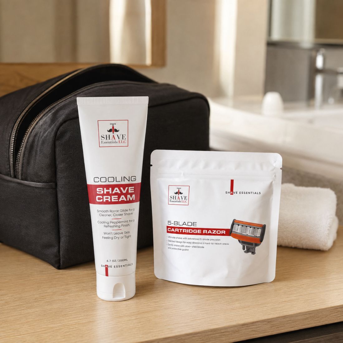 Cooling shave cream tube and 5-blade cartridge razor pouch with black toiletry bag.