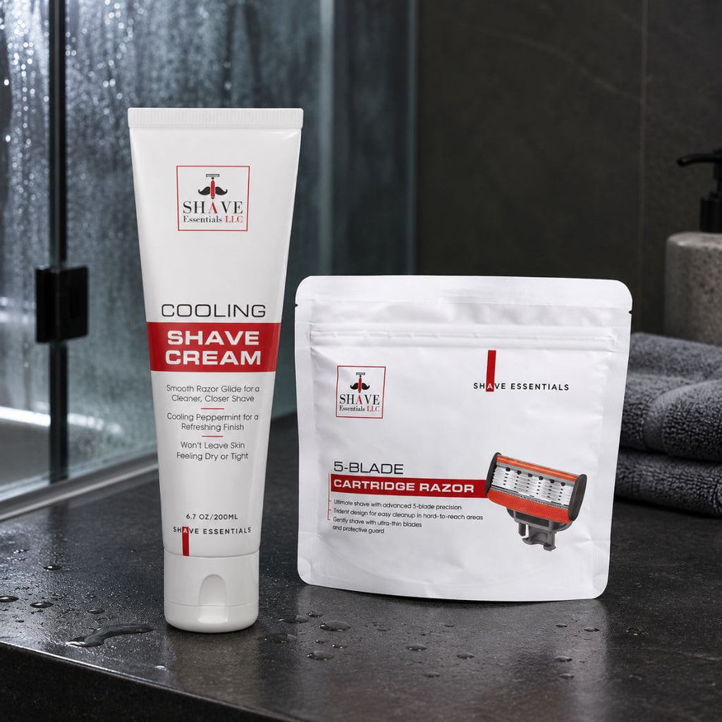 Cooling shave cream tube and 5-blade cartridge razor pouch set on wet surface.