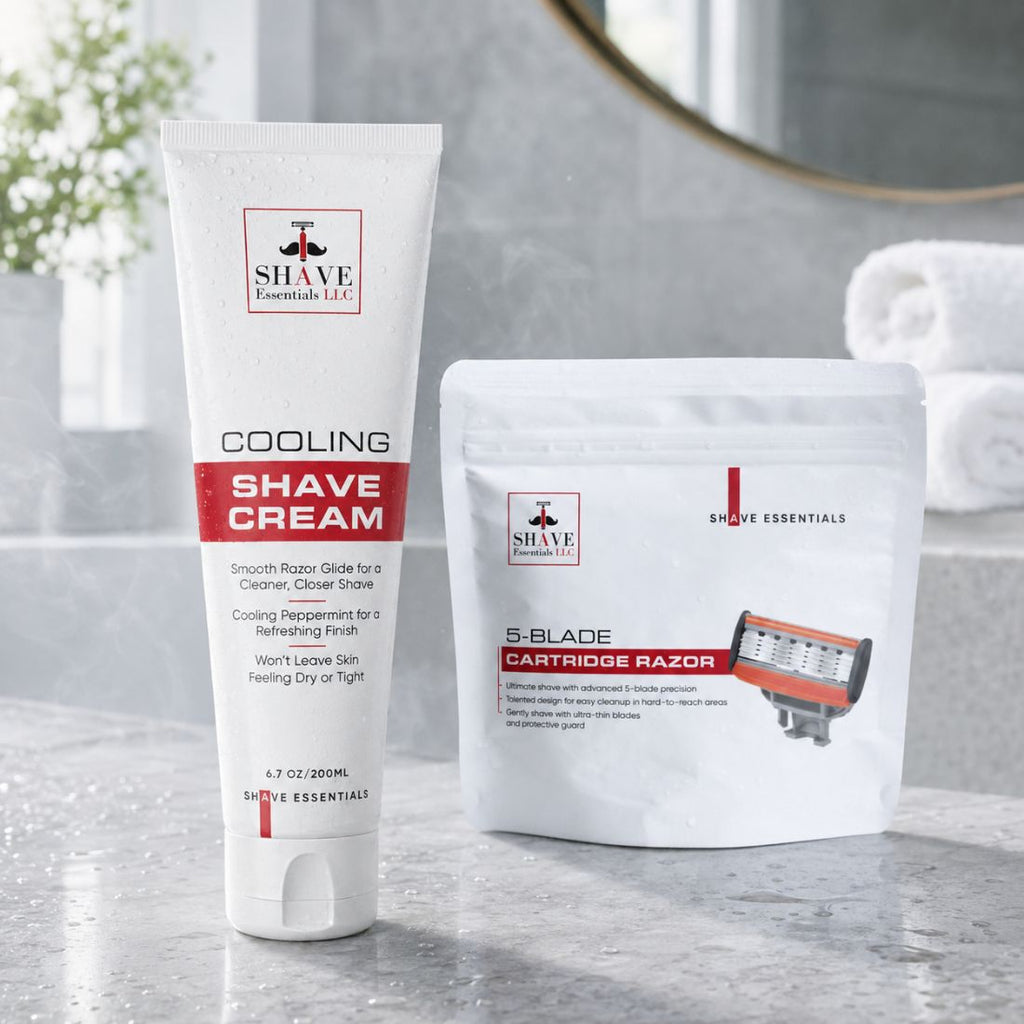 Cooling shave cream tube and 5-blade cartridge razor pouch set on countertop.