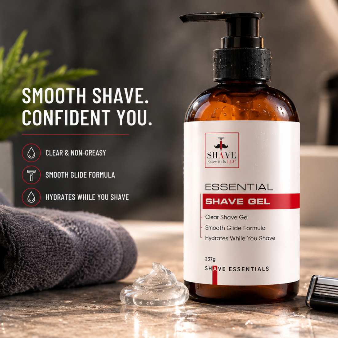 Amber shave gel bottle with black pump and red stripe label, clear formula