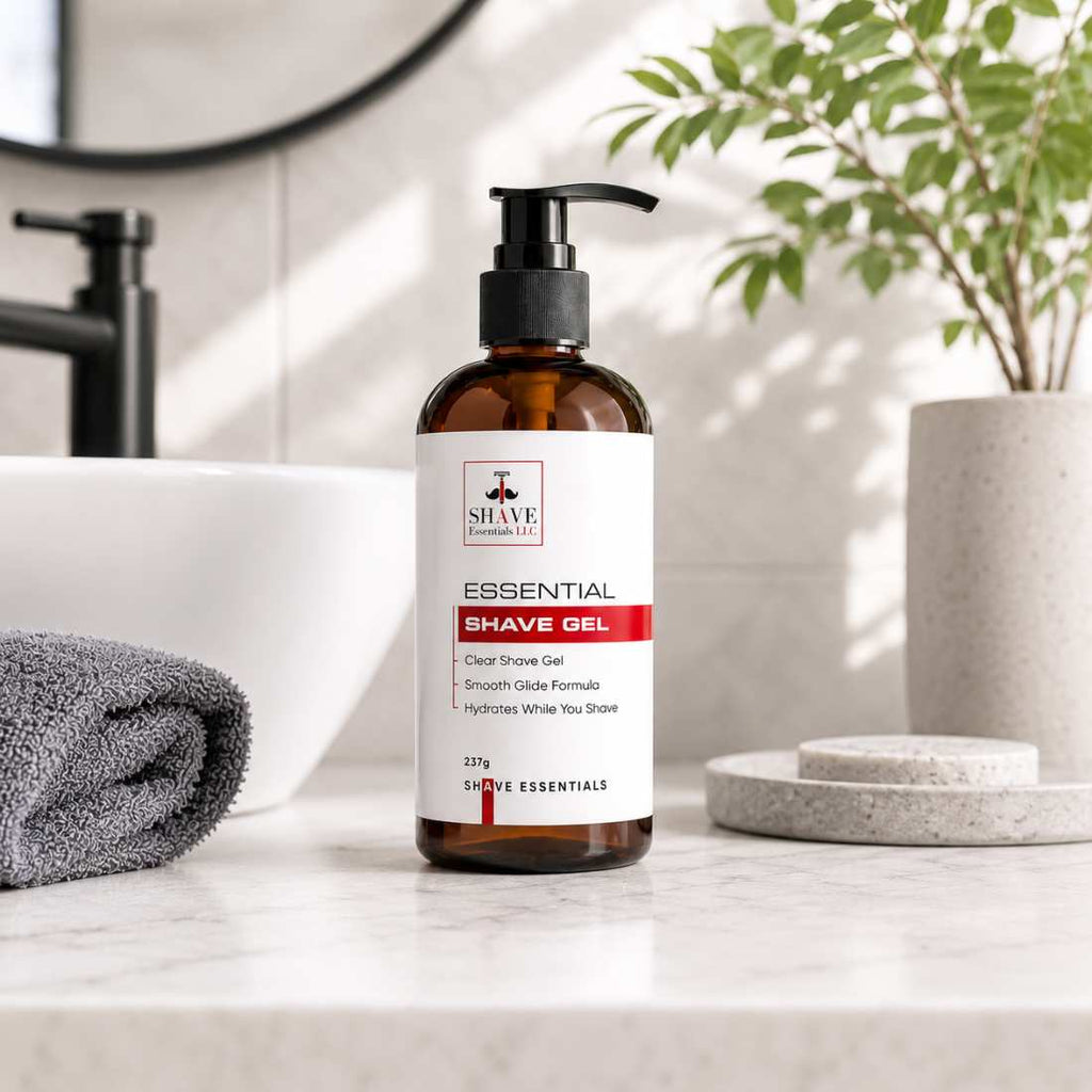 Amber shave gel bottle with black pump on bathroom counter with rolled towel