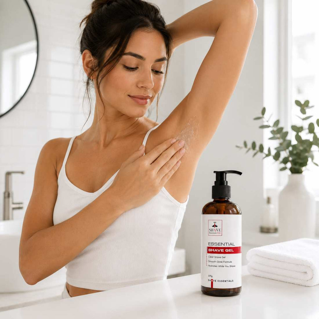 Amber shave gel bottle with black pump while person applies gel to skin