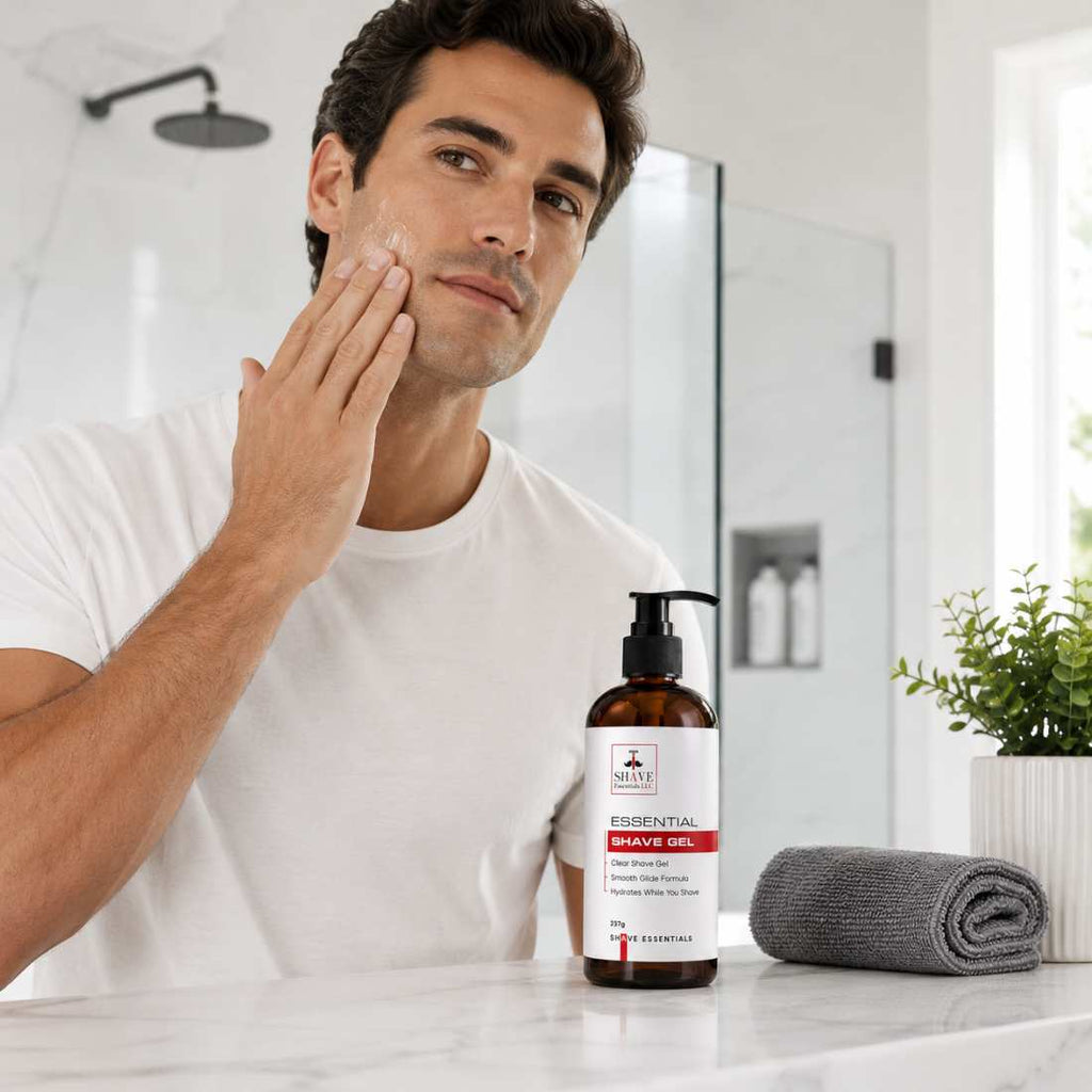Amber shave gel bottle with black pump beside folded towel on counter