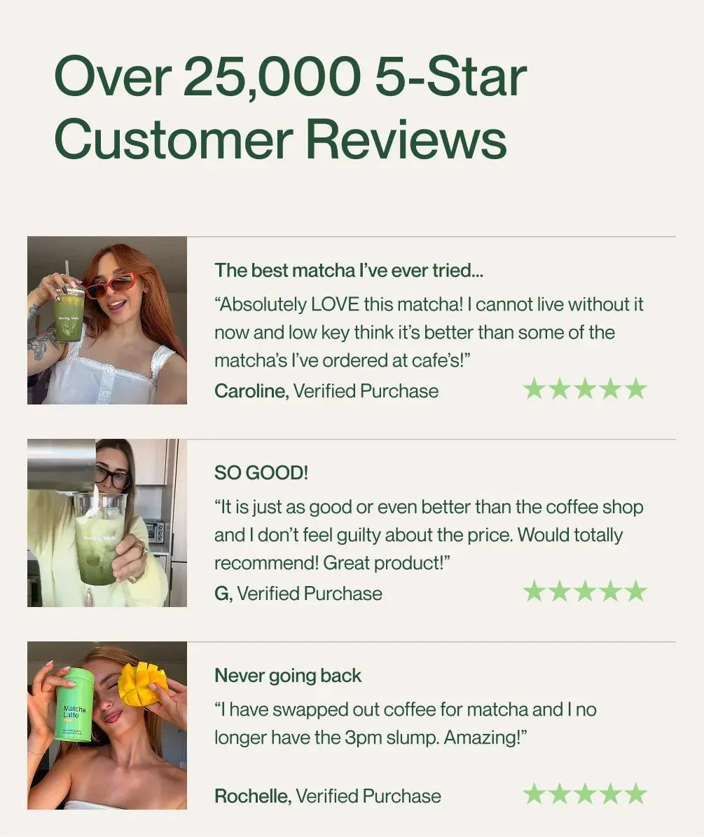 Customer review collage with small photos of matcha latte can and green drink