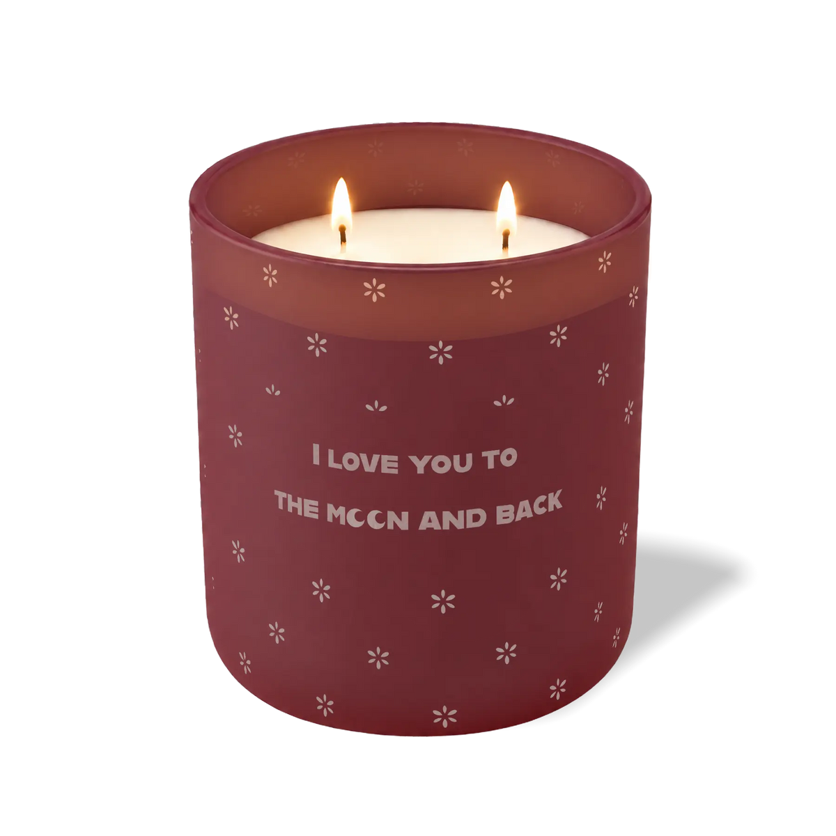 Burgundy 12 oz candle with white wax and “I Love You to the Moon and Back” text