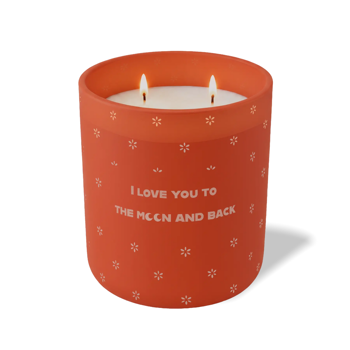 Deep orange 12 oz candle with white wax and “I Love You to the Moon and Back” text