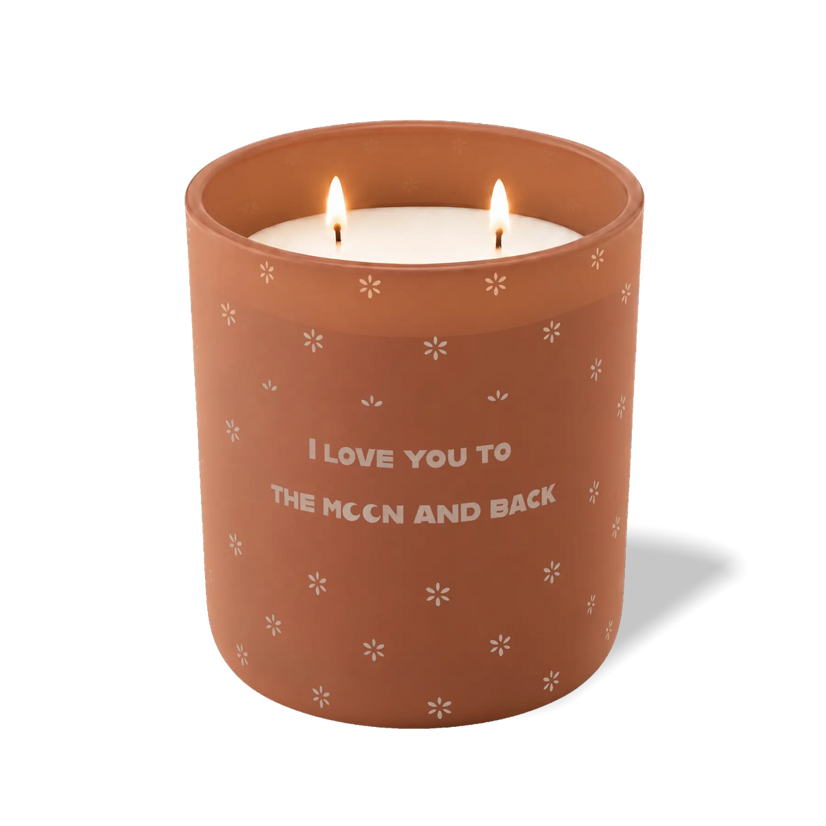 Clay 12 oz candle with white wax and “I Love You to the Moon and Back” text