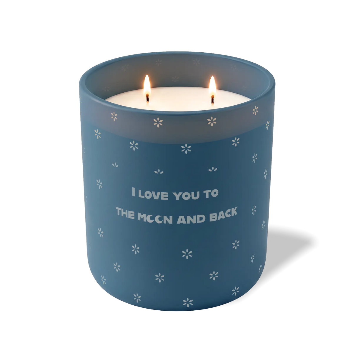 Cobalt 12 oz candle with white wax and “I Love You to the Moon and Back” text
