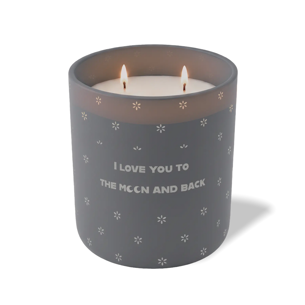 Graphite 12 oz candle with white wax and “I Love You to the Moon and Back” text