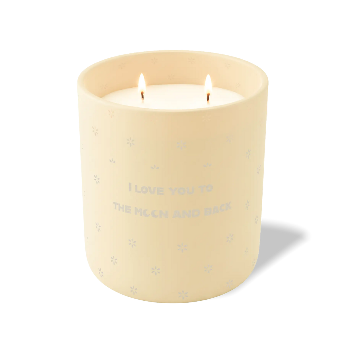 Sand 12 oz candle with white wax and “I Love You to the Moon and Back” text