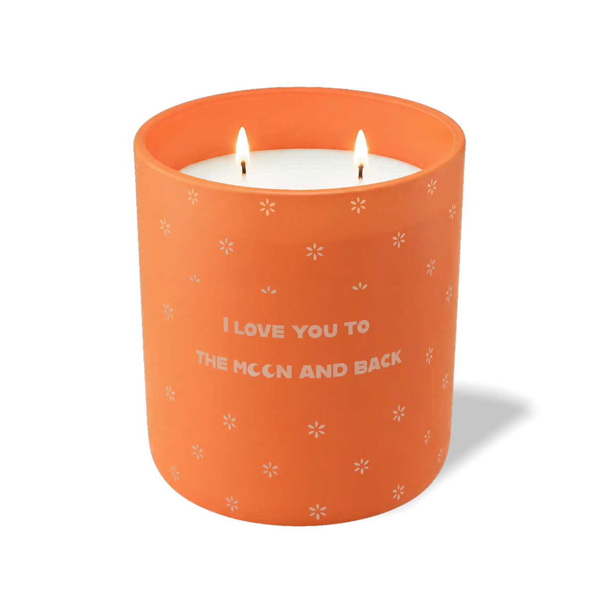 Tangy Orange 12 oz candle with white wax and “I Love You to the Moon and Back” text