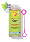 Eucalyptus bubble bath bottle with green label and pink bubble wand accessory