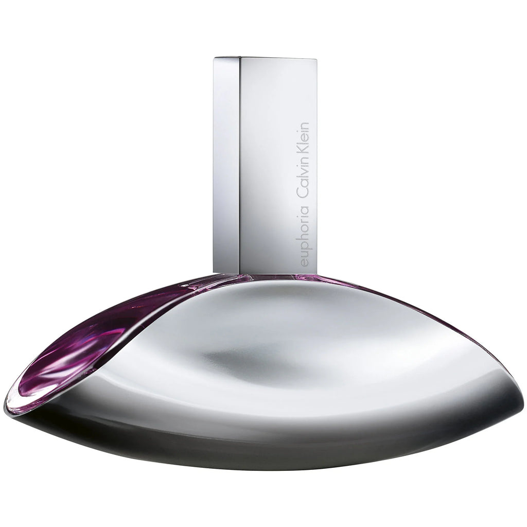 CK Euphoria eau de parfum bottle, silver dome cap with purple accent