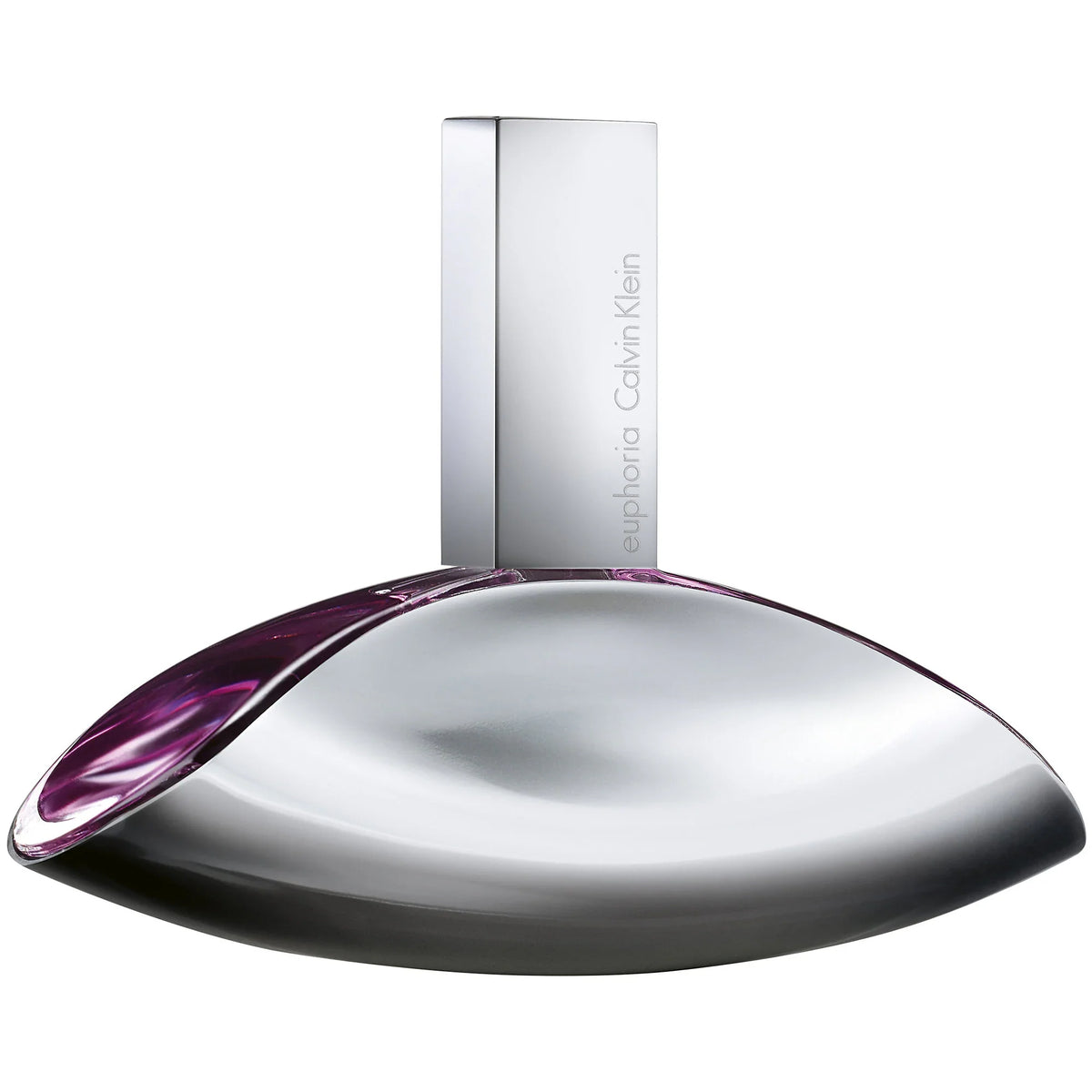 CK Euphoria eau de parfum bottle, silver dome cap with purple accent