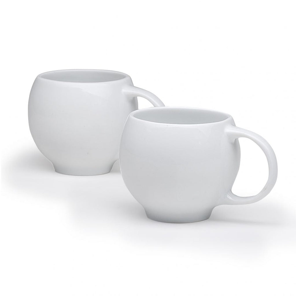 White ceramic teacup set of two with curved handles and smooth matte finish
