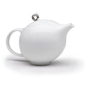 White ceramic modern teapot with round lid and metal loop handle